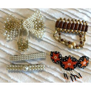 Lot of 5 Vintage Barrettes Pearl/Gold Wood and Beadwork Hair Clips